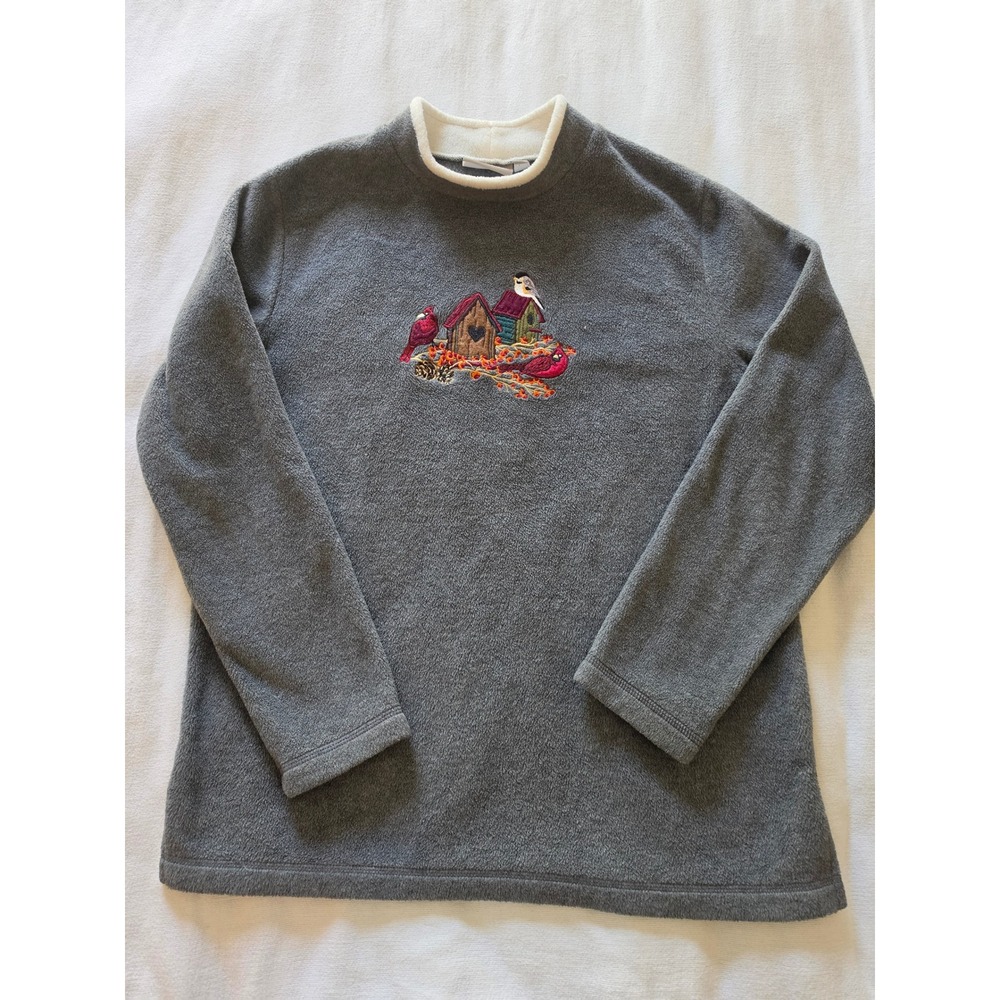 Croft & Barrow Gray Fleece Pullover Cardinal Birdhouse Embroidery Mock Neck M